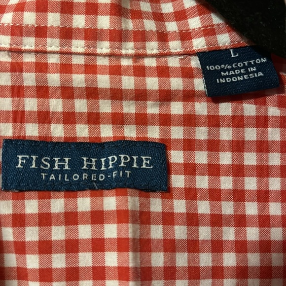 Fish Hippie red/orange plaid button down sz L tailored fit - Picture 2 of 8